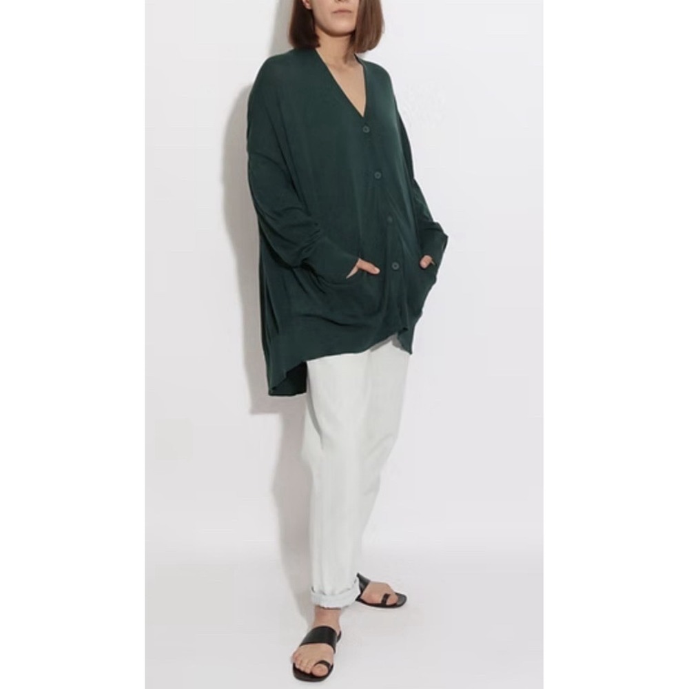 COS Green Draped Back Oversized V-Neck Cardigan Sweater Pockets XS Minimalist